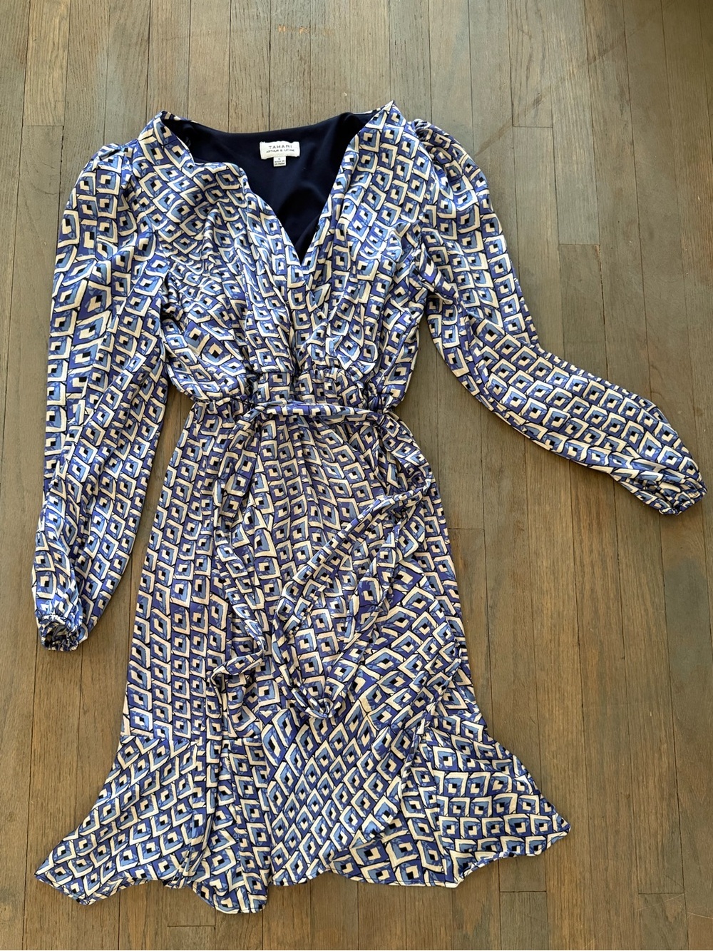 Tahari Blue and Cream Geometric Wrap Dress